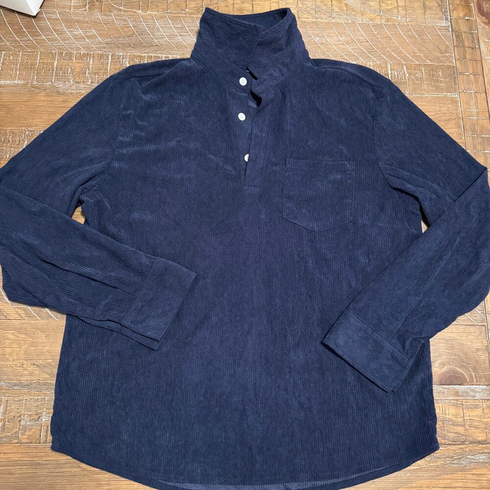 Zaful Size Medium Navy Blue Corduroy Pullover Shirt Button Placket Long Sleeve